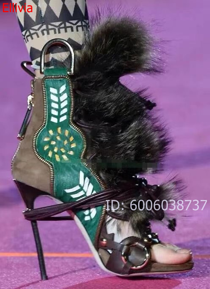 Women Shoes Boots - Damskie futrzane sandały do kostki, botki