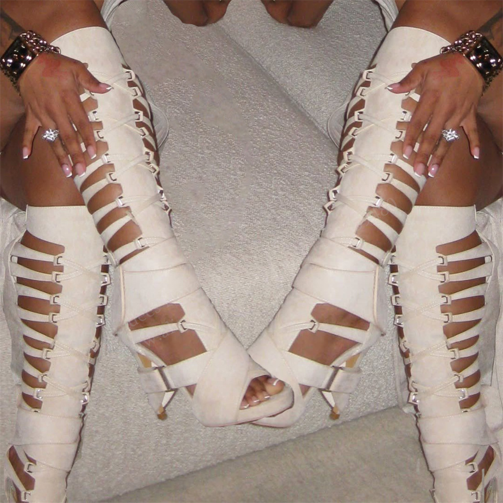Women Shoes Boots - Gladiatorowe kozaki za kolano z paskami